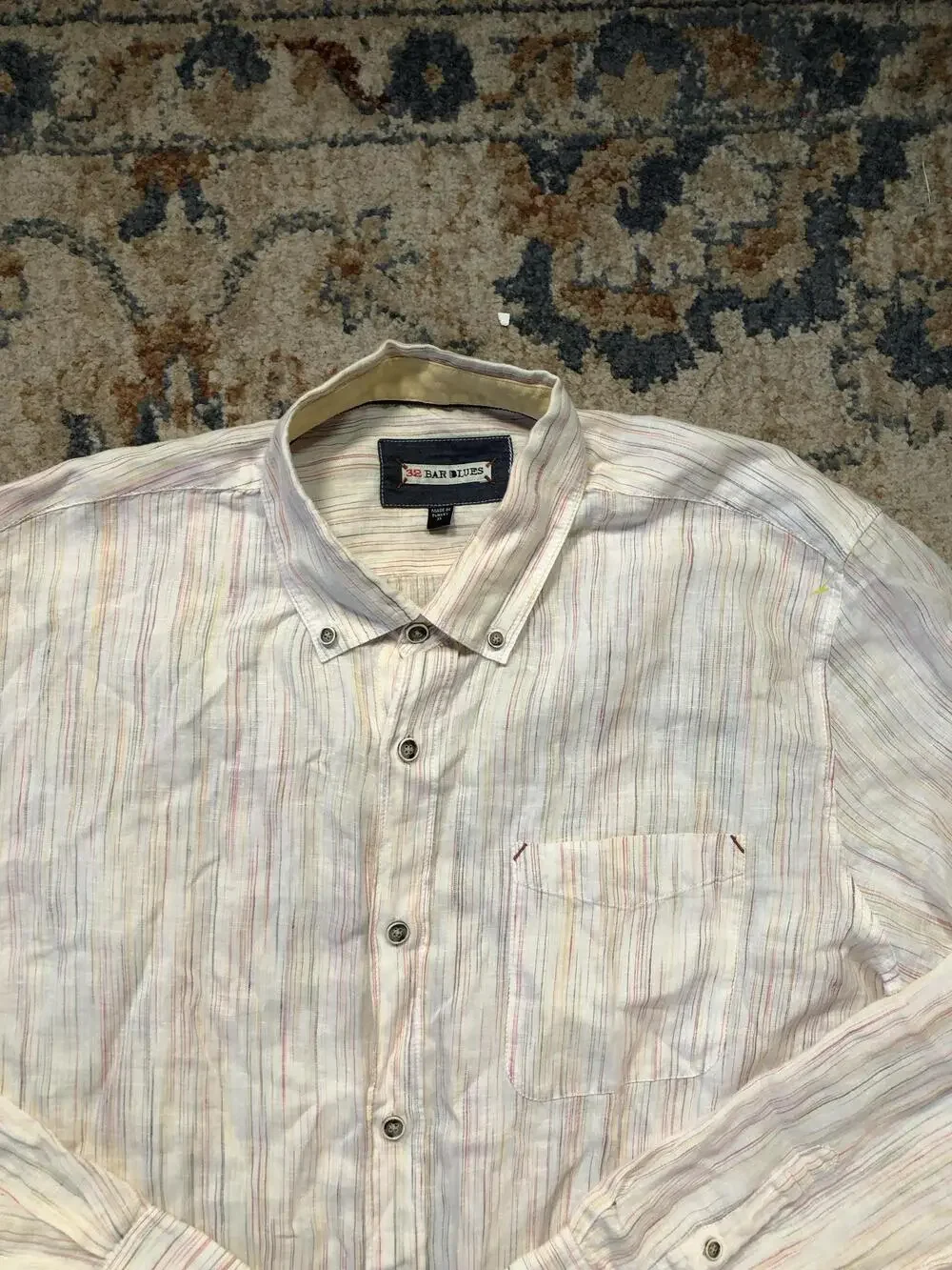 32 Bar Blues Shirt Mens XL White Stripe Long Sleeve Button Up Casual Lightweight